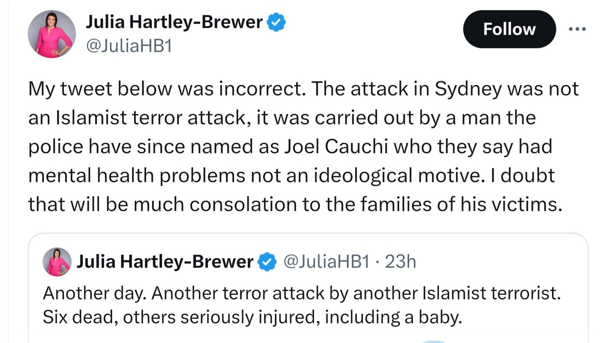 UK radio host Julia Hartley-Brewer:
• hasn't deleted her anti-Muslim tweet re the Sydney stabbing event
• Her quote-tweet acknowledges she was 'incorrect' with no apology
This person is a journalist?! 😠 #BondiJunction #JournalismMatters