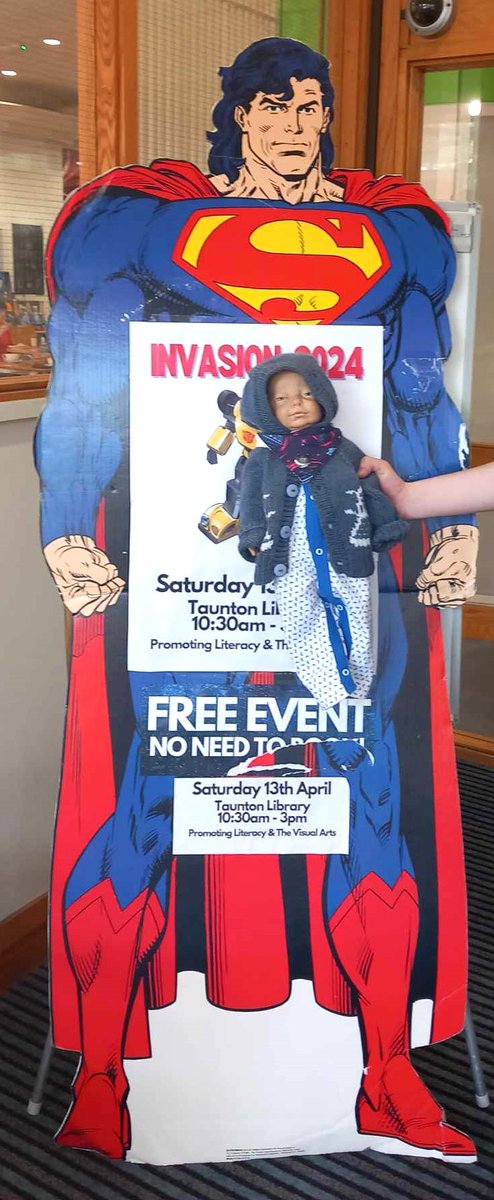 RobinTamblyn's tweet photo. Sadly the Invasion was more micro this year, with no Daleks or Darth Vader ☹️ - still, Adric had fun with @shaky_kane at #TauntonLibrary meeting the fans... #AyrtonandAdric #creepydolls #Invasion4 #Invasion2024 🩺❓ https://t.co/cb1WeGtb1j