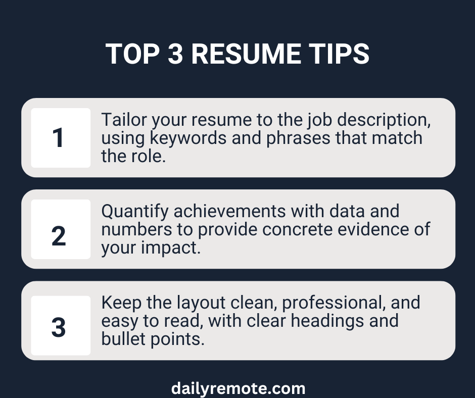 Ready to land your dream remote job? Here are three game-changing resume tips to help you stand out from the virtual crowd and secure that coveted role! 

#RemoteWork #CareerTips #WorkLifeBalance #JobSeekers #ResumeAdvice #JobTips #VirtualWork #RemoteJobSearch #JobOpportunity