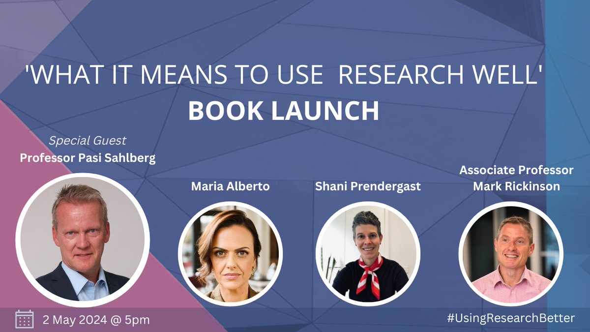 MonashQLab's tweet image. What a line-up of fabulous speakers for our upcoming book launch on #UsingResearchWell! 
😮🎉🤩
Join authors @mark_rickinson &amp;amp; @ProfLucasWalsh with special guests @pasi_sahlberg, @M_Alberto_Aus &amp;amp; @sj_prendergast as we celebrate project's impact. 

🎟 eventbrite.com.au/e/what-it-mean…