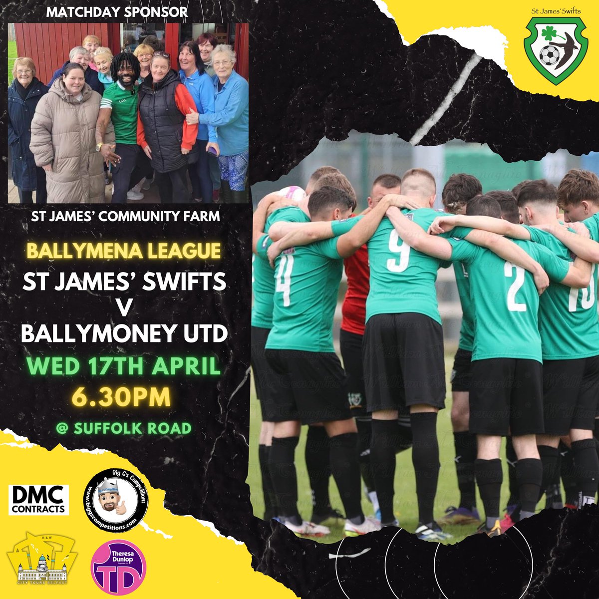 🍀🟡 𝙐𝙋 𝙉𝙀𝙓𝙏 🟡🍀 It’s Ballymoney back to back as we welcome them for the return fixture to West Belfast on Wednesday. It would be great to have your support for this one! 𝗠𝗮𝘁𝗰𝗵𝗱𝗮𝘆 𝗦𝗽𝗼𝗻𝘀𝗼𝗿: St James’ Community Farm