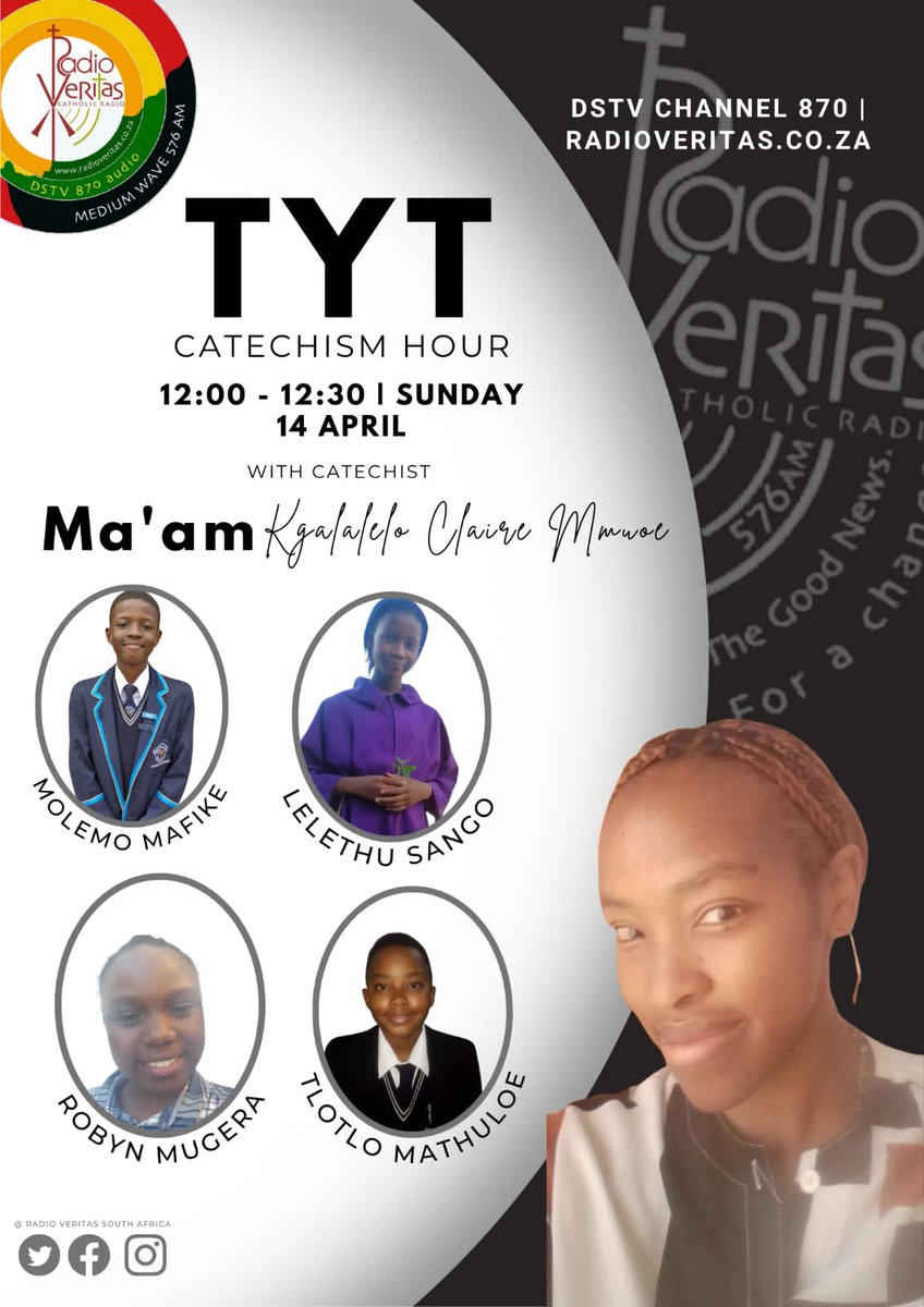 Claire_Mmuoe's tweet photo. Hey y'all please tune in @ 12 - 1pm
@RadioVeritasSA
#TYTCatechismhour
#CatholicChurch
#catechism on #radioveritas
https://t.co/iUhoe9bMn5 https://t.co/734Euz3Lpo