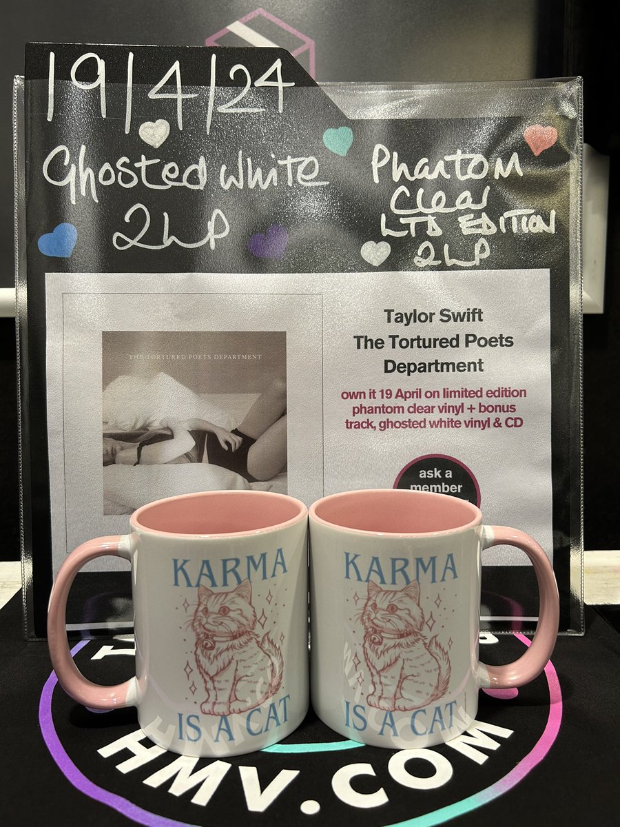 Good morning! Open til 4:30pm today 😊 Today’s #taylorswift inspired countdown item is…the cutest mug Karma Is A Cat ☺️ #Caturday