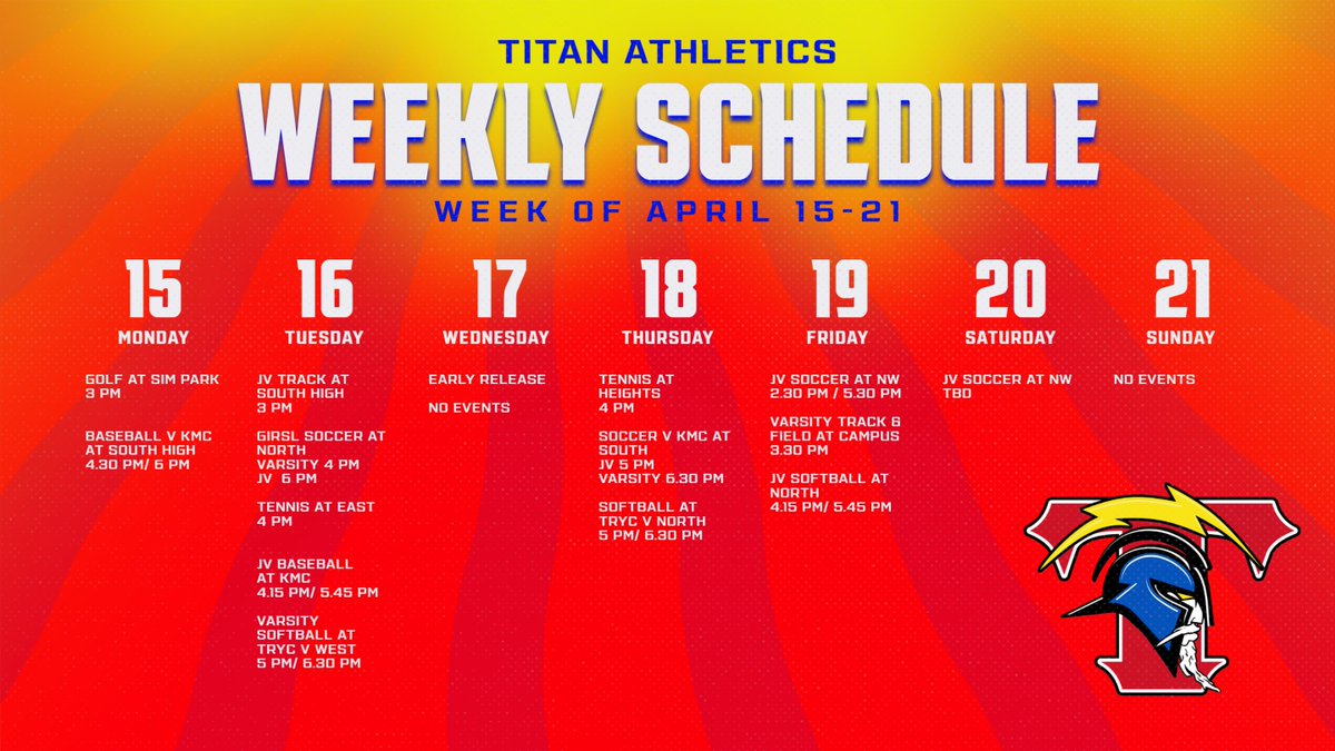 Our teams are ready to dominate this week in soccer, baseball, softball, tennis, golf, and track!  Get ready to witness the power and skill of our Titans as they strive for victory! #TitanPride #TitanAthletics