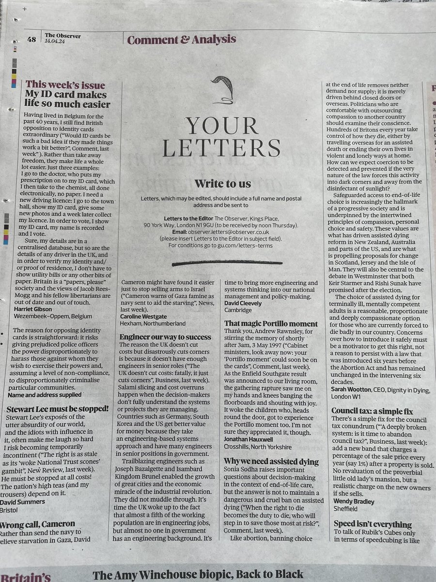 My letter in @ObserverUK ⬇️ Concerns about how to introduce assisted dying safely must be a motivator to get law change right, not a reason to persist with an unsafe, unjust and cruel blanket ban. #YesToDignity