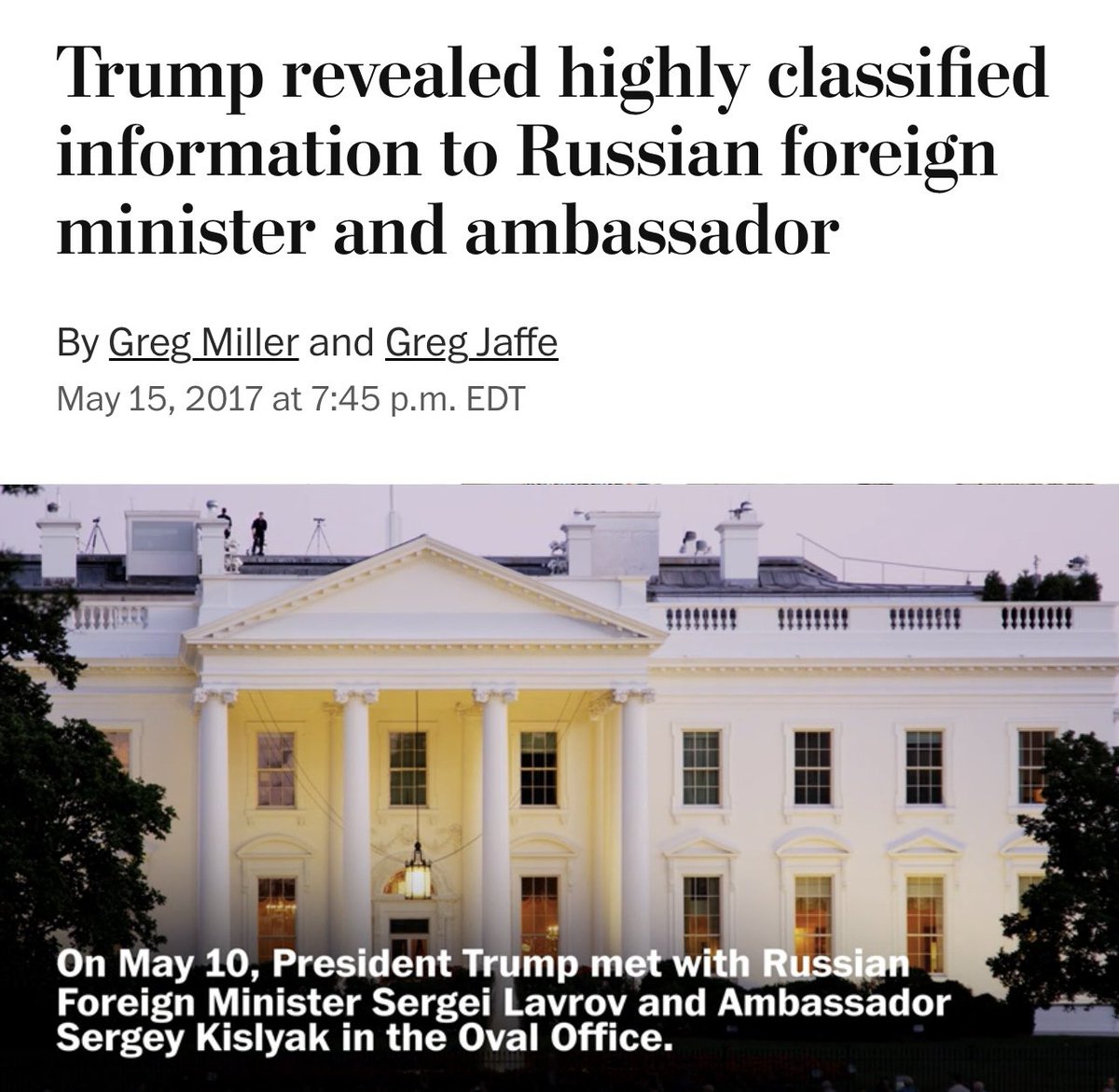 REMINDER: Trump shared highly classified intelligence secrets, most likely obtained from Israel, with Russia’s foreign minister and ambassador in an Oval Office meeting. Trump was then — and remains today — a traitor. #TraitorTrump
