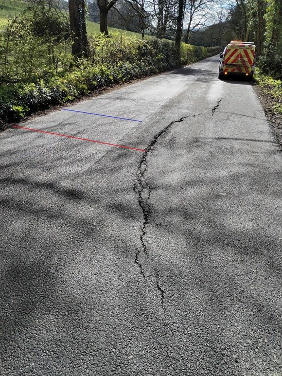 New cracks in Lea Road, near to previous landslip. It will be closed April 21 (weather allowing) for full inspection.