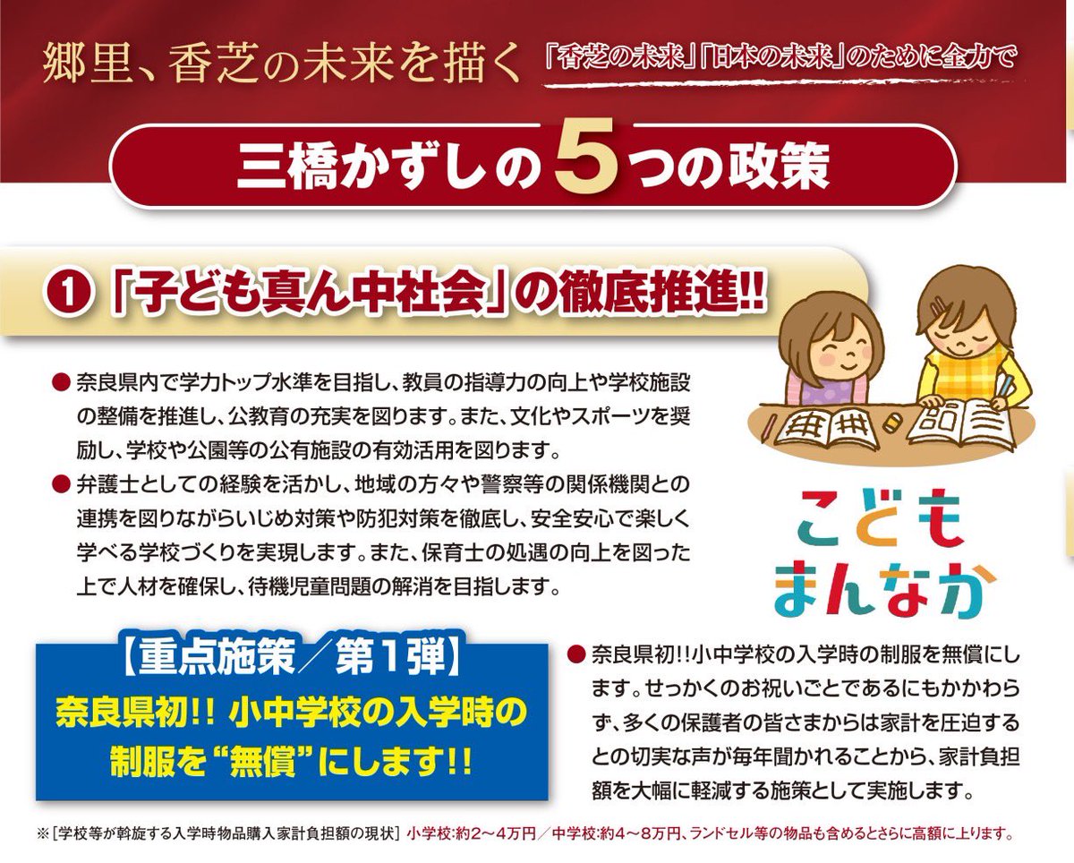 mihashi_nara's tweet photo. 【１．子ども真ん中社会の徹底推進】

教員の指導力向上や職場改善等のソフト面と学校施設等のハード面ともに、公教育の充実に向けて取り組みます。

いじめ問題にも専門的に対処します。

小中学校の制服無償化（制服のない小学校については代替措置）を実施するなど、家計の負担軽減策を講じます。 https://t.co/447R7OfreX