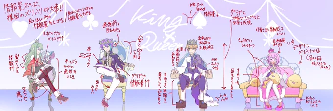 @otomayiM_ これかな…? さっくりまとめました
情報はグラデ(色彩量を上げる)、改変可ならアクセサリーを使いすぎるより模様で上げてます。WLは『玉座』です。皆の座り方に拘りましたね。こういう派生二次創作はカードイラストの色彩や描かれてるものから着想を得て盛り込んでます 