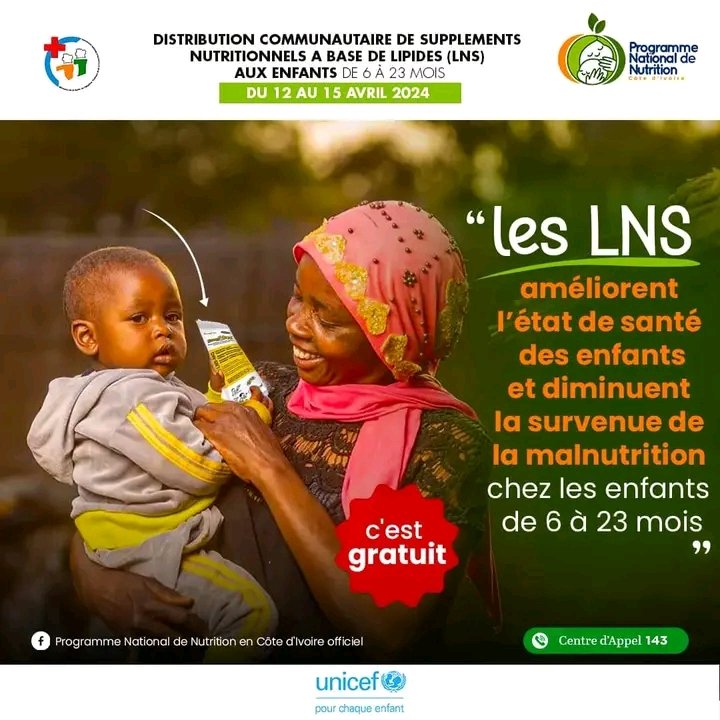 📢Distribution communautaire de 𝐬𝐮𝐩𝐩𝐥𝐞𝐦𝐞𝐧𝐭𝐬 𝐧𝐮𝐭𝐫𝐢𝐭𝐢𝐨𝐧𝐧𝐞𝐥𝐬 𝐚̀ 𝐛𝐚𝐬𝐞 𝐝𝐞 𝐥𝐢𝐩𝐢𝐝𝐞𝐬(𝐋𝐍𝐒) 𝐝𝐚𝐧𝐬 𝐥𝐞 𝐃𝐢𝐬𝐭𝐫𝐢𝐜𝐭 𝐒𝐚𝐧𝐢𝐭𝐚𝐢𝐫𝐞 𝐝𝐞 𝐓𝐞𝐡𝐢𝐧𝐢. ✅️Période: du 12 au 15 Avril 2024. ✅️Cible: Enfants âgés de 6 à 23 mois. #nutrition