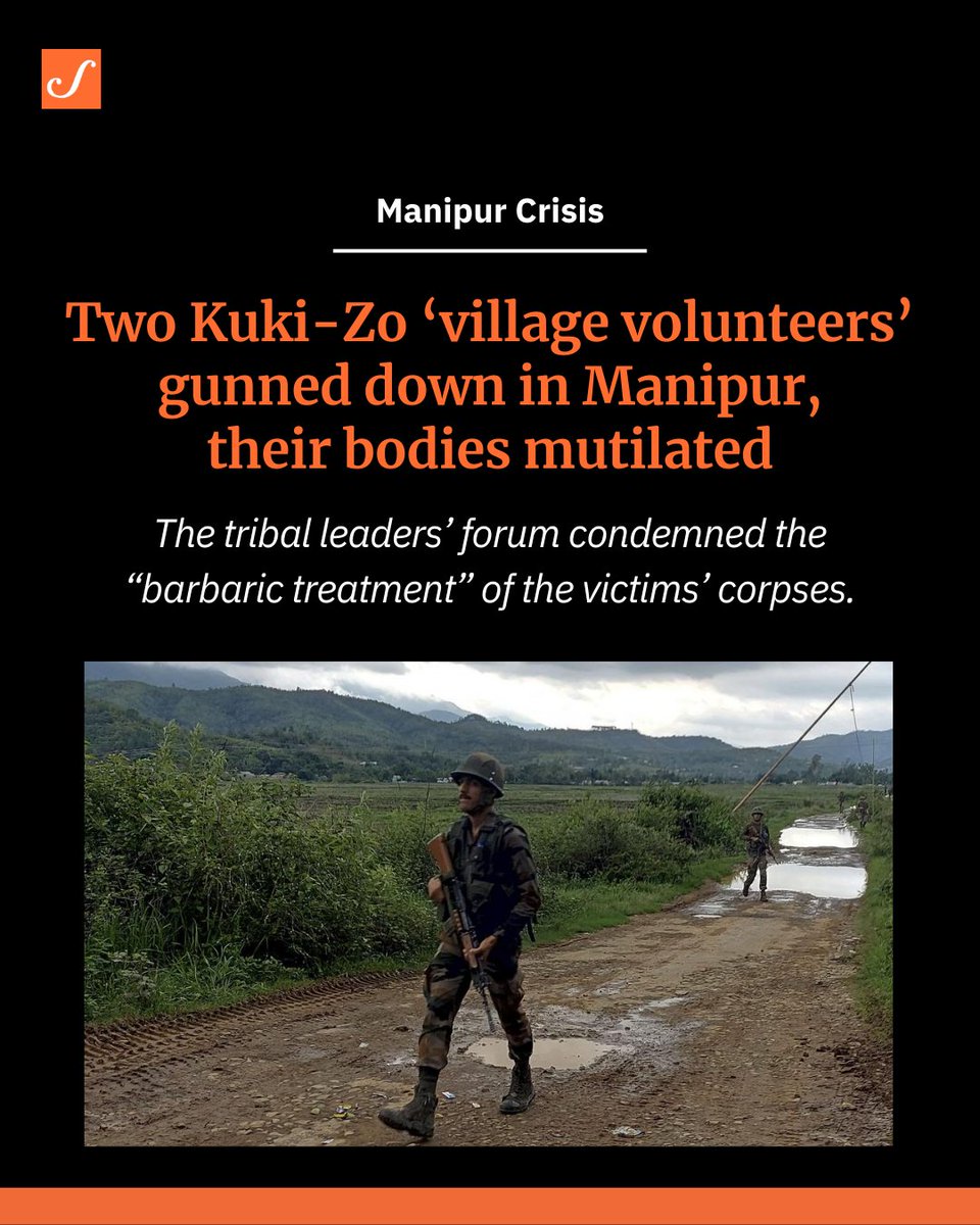 scroll_in's tweet photo. #Manipur | The victims – 23-year-old Kamminlal Lupheng from Maphoudam and 25-year-old Kamlengsat Lunkim from Bongjang – were gunned down by Meitei militants in collusion members of central security forces, tribal groups alleged.

Read more: https://t.co/Rdeuf7QQ3u https://t.co/YpoLKbAYPy