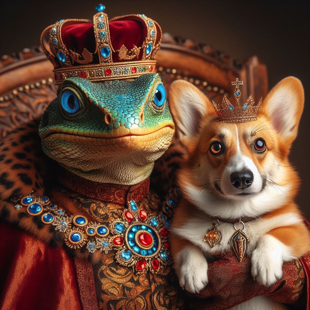 InChequed's tweet photo. @tickerLIZARD Queen Elizardbeth with her beloved pet corgi Floki 

#floki #lizard $floki #Solana https://t.co/GnT43y2pML