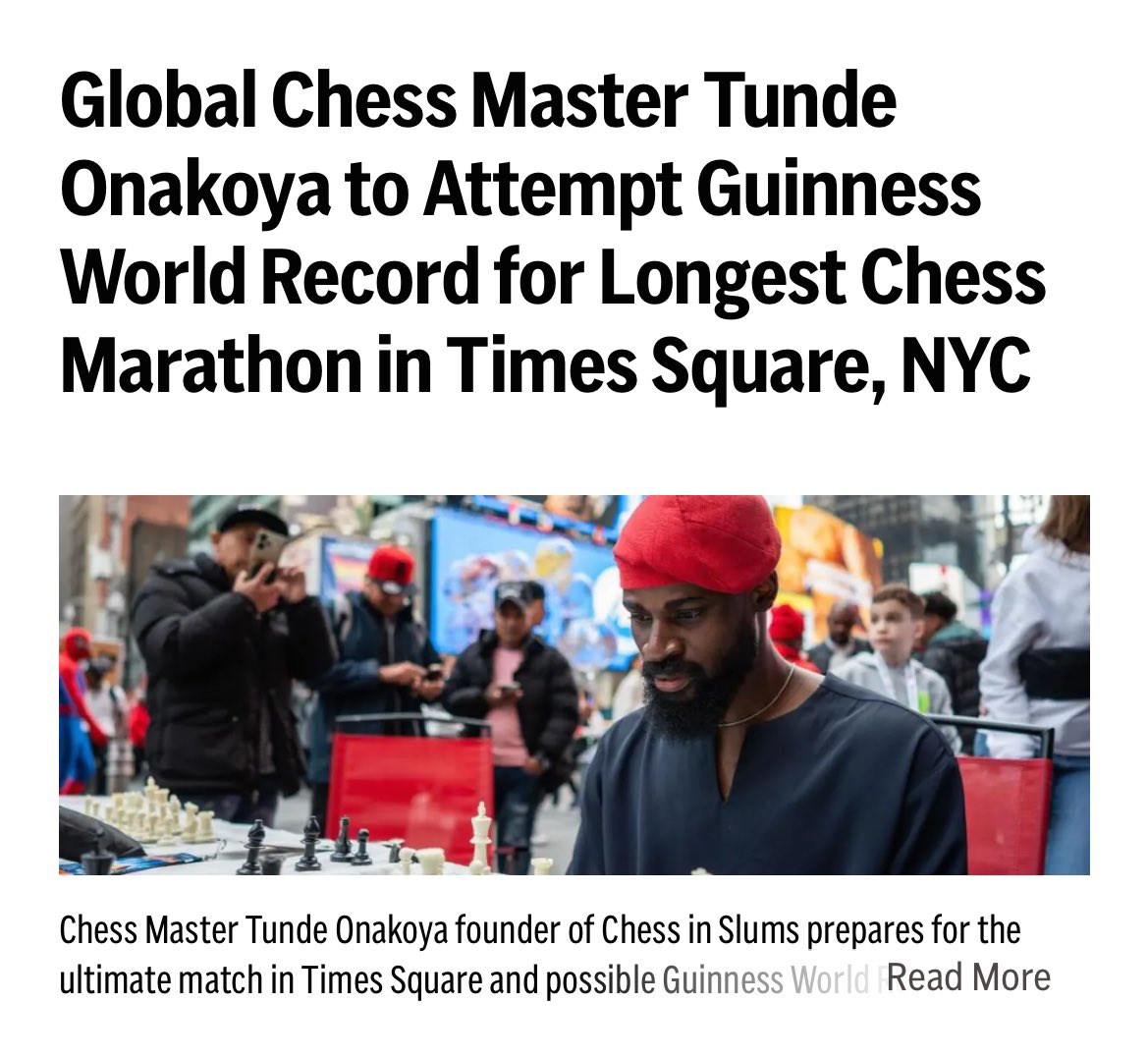 Global Chess Master Tunde Onakoya to Attempt Guinness World Record for Longest Chess Marathon in Times Square, NYC @AP Full Press Release Below: apnews.com/press-release/…