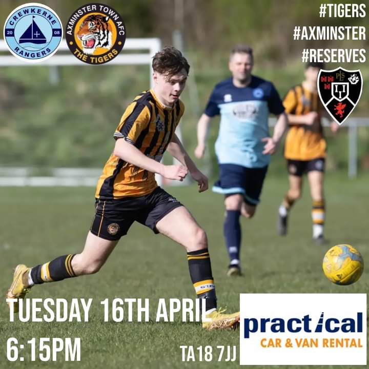 Next up for our reserve team is a trip to Crewkerne Rangers FC on Tuesday evening. Make the short trip to support the Tigers! #Tigers 🐅#Axminster 🧡#COYTigers ⚽️ @swsportsnews @CrewkRangersFC