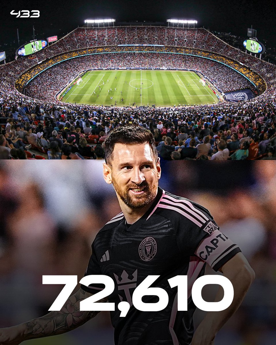 433's tweet photo. 72,610 fans watched Messi and Inter Miami 🆚 Sporting KC, the 𝗙𝗢𝗨𝗥𝗧𝗛-𝗛𝗜𝗚𝗛𝗘𝗦𝗧 attendance in @MLS history 🏟️ https://t.co/EQv4S5HEse
