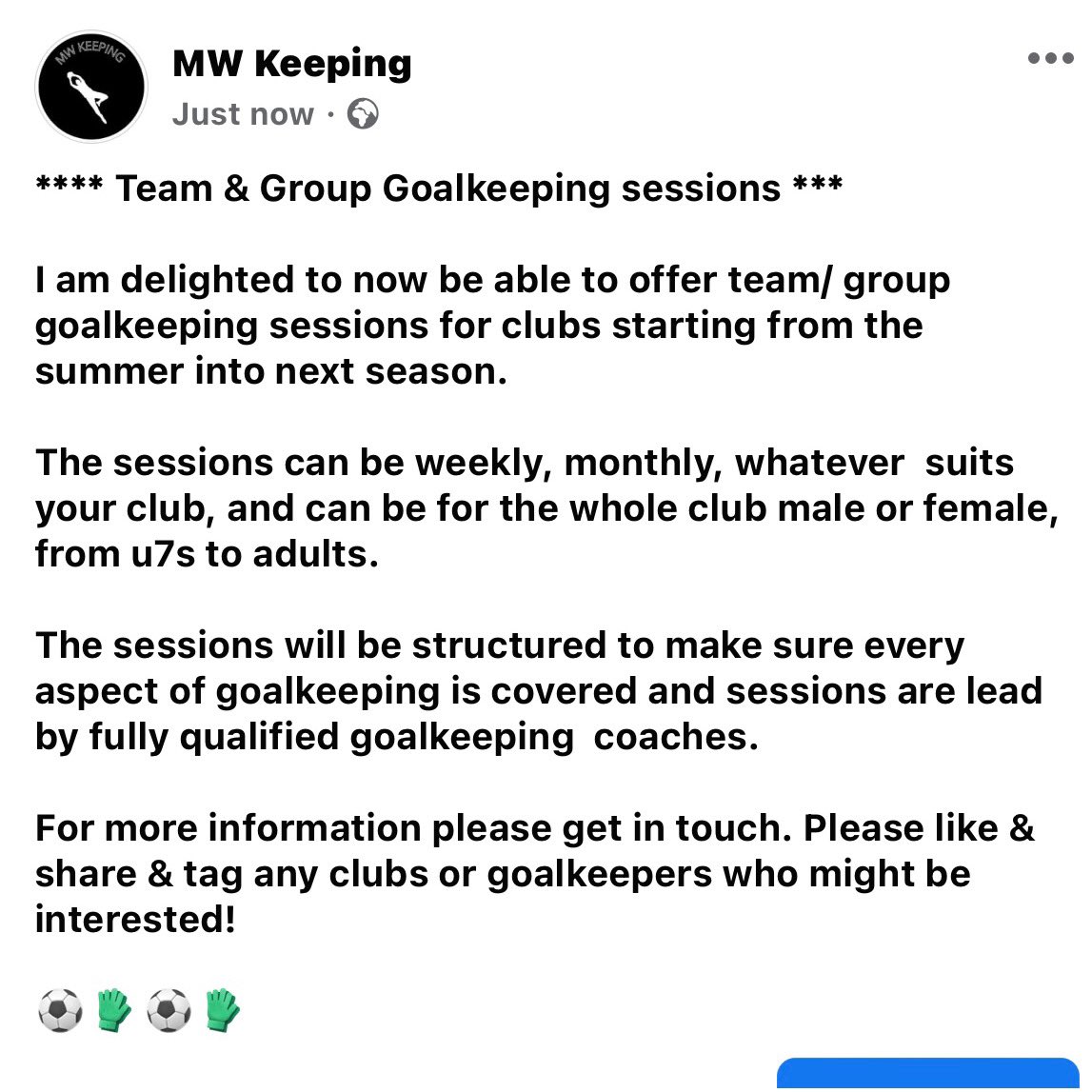 Delighted to be able to offer this to clubs from u7s to adults, male & female. For more info please drop me a DM. Please like and RT ⚽️🧤⚽️🧤