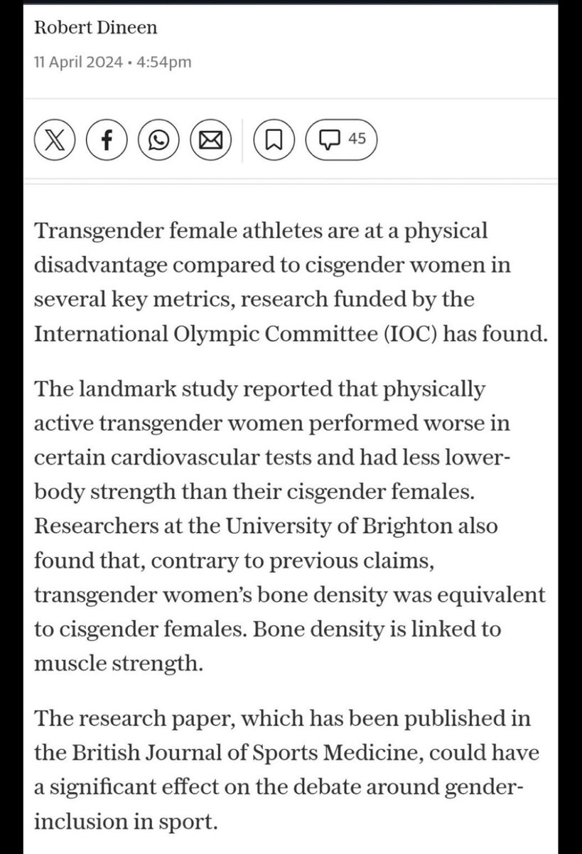 “Transgender female athletes are at a physical disadvantage compared to c*sgender women in several key metrics, research funded by the International Olympics Committee (IOC) has found.”

Well, will you look at that.