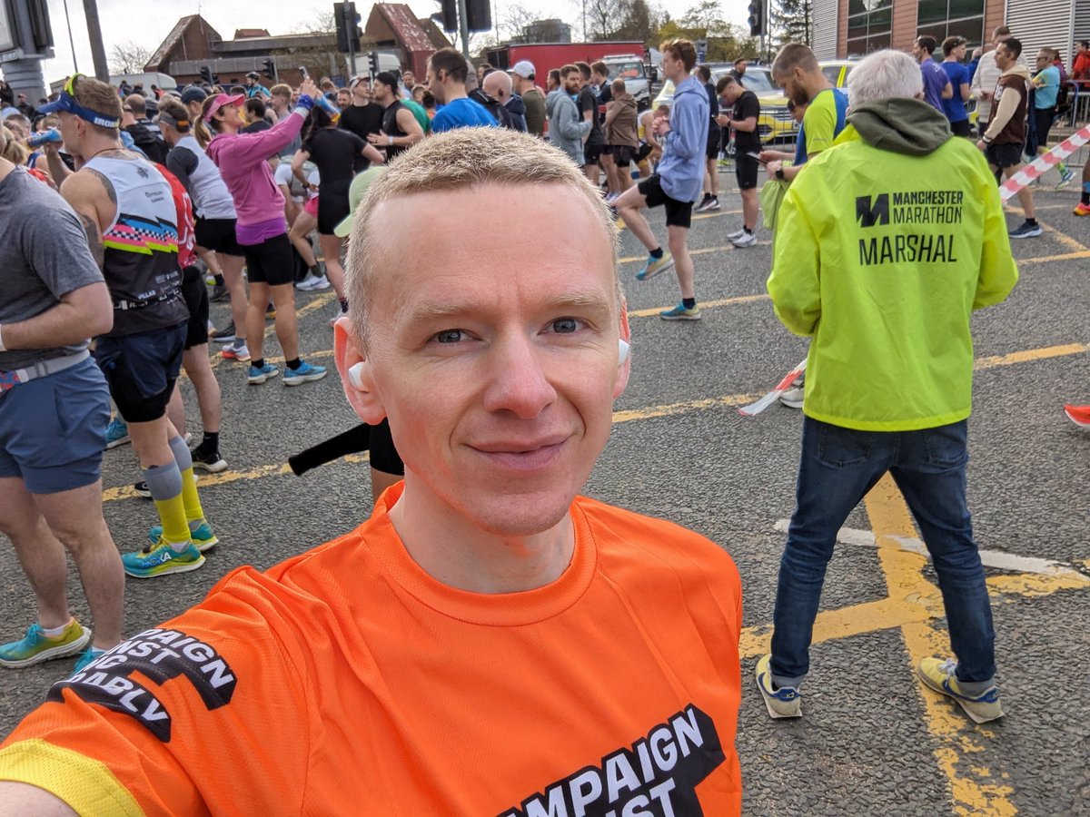 I'm on the start line ready to attempt the Manchester Marathon to raise money for @theCALMzone in memory of my brother. It would be amazing to be as close as possible to my fundraising target when (or, rather, if) I cross the finish line. justgiving.com/fundraising/jo…