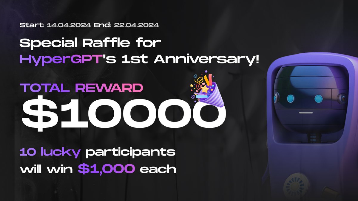 🎉 Join us in celebrating HyperGPT's 1st anniversary with a BANG! 🚀 We're throwing a massive giveaway worth $10,000! 👉 store.hypergpt.ai/HyperRaffle/Ca… 💰 Only 500 lucky folks can join, and YOU could be one of them! 🎁 Win $1000 just by participating - no limit on tickets! 🎟️ Don't…