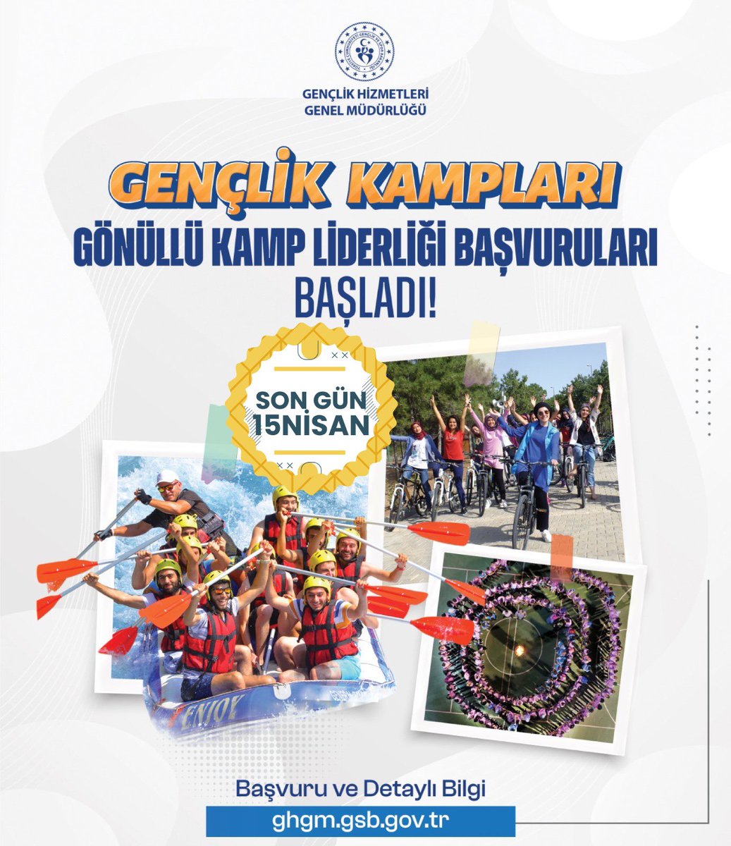 Gençlik Kampları seni bekliyor.🏕️ “Gönüllü Kamp Liderliği” başvuruları için son 1️⃣ gün.❗️ 👉🏻Detaylı bilgi ve başvuru için:ghgm.gsb.gov.tr