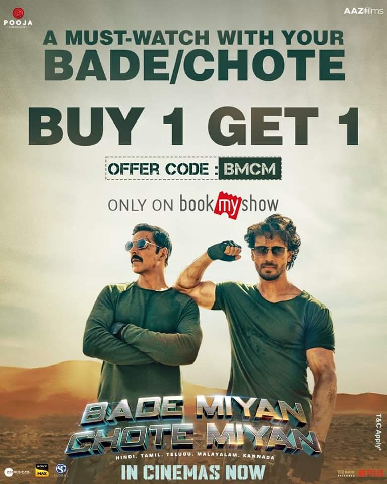 A #PoilaBaisakh treat for all! Buy 1 + Get 1 Ticket Free* on your #BadeMiyanChoteMiyan movie tickets at #UdayanCinema via @bookmyshow: bit.ly/UdayanCinema_T…

*T & C Apply. 
Offer Code: BMCM

@akshaykumar @PrithviOfficial @iTIGERSHROFF @ManushiChhillar @AlayaF___ @poojafilms