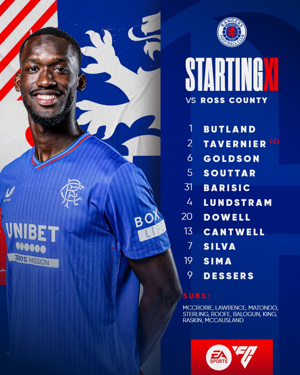 🆕 Today’s #RangersFC team to face Ross County. 🗒️ Full Team News: rng.rs/3Ug2750