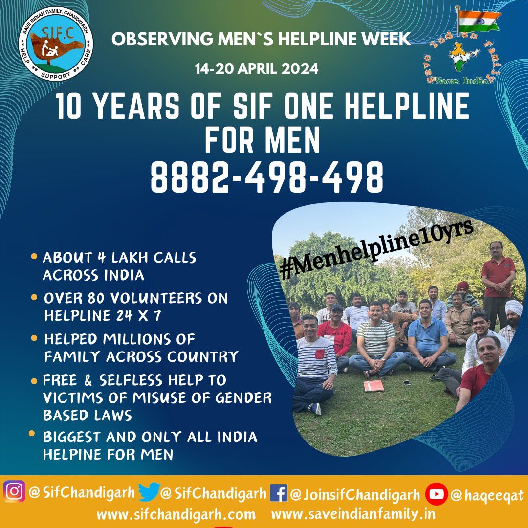 10 years of relentless service for social and marital harmony in India. Observing Mens Helpline Week from 14-20 Apr, 2024. We will keep working to EMPOWER MEN.. #MenHelpline10Yrs