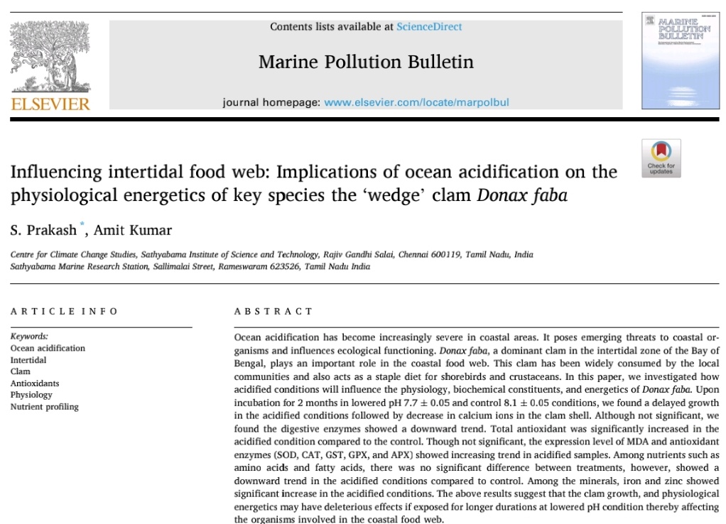 Dear all,
Happy to share our (@AmitKumar_ak14) article on OA stress on intertidal clams!!! Please go through the same and share your feedback!!!
#oceanacidification #climatechange @SathyabamaSIST
authors.elsevier.com/a/1iwZo,asi9t5i