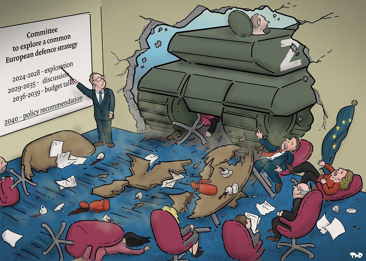 Карикатура, которая прекрасно демонстрирует бездействие Запада

«2024-2028 — исследование 
2029-2035 — дискуссия 
2036-2039 — обсуждение бюджета 
2040 — политическая рекомендация».