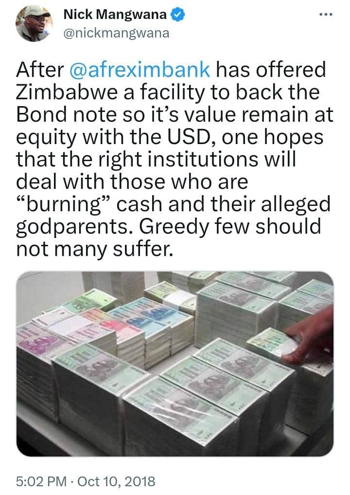 For the record, Nick Mangwana is a former COZWVA UK member. Coming back home..... Nick denies a hand in bond note gedye gedye theory. Anyway here is what he said four years ago @nickmangwana