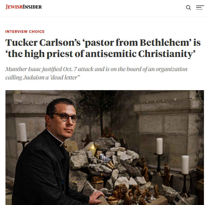 .@LahavHarkov quotes our research on Munther Isaac - a pastor recently given a large platform by @TuckerCarlson - who runs antisemitic and anti-Israel initiatives with the goal of turning Evangelical Christians against Israel. Isaac serves on the board of Kairos Palestine - an