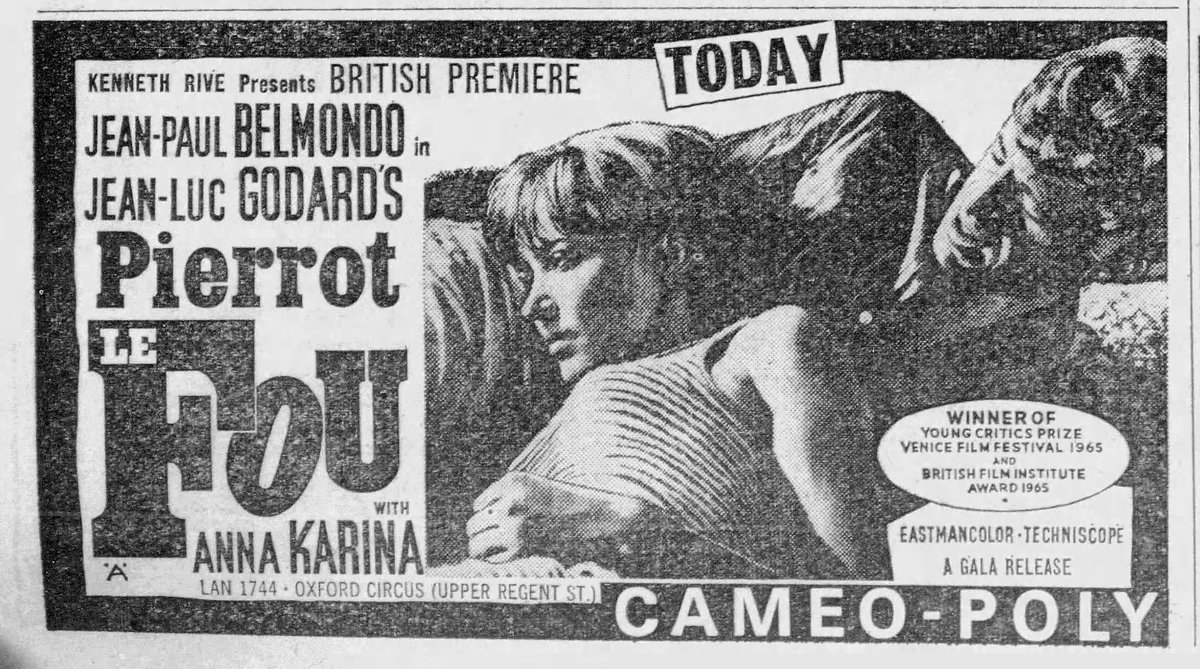 On this day, April 14th, 1966, Jean-Luc Godard's PIERROT LE FOU opened at the Cameo Poly in London..