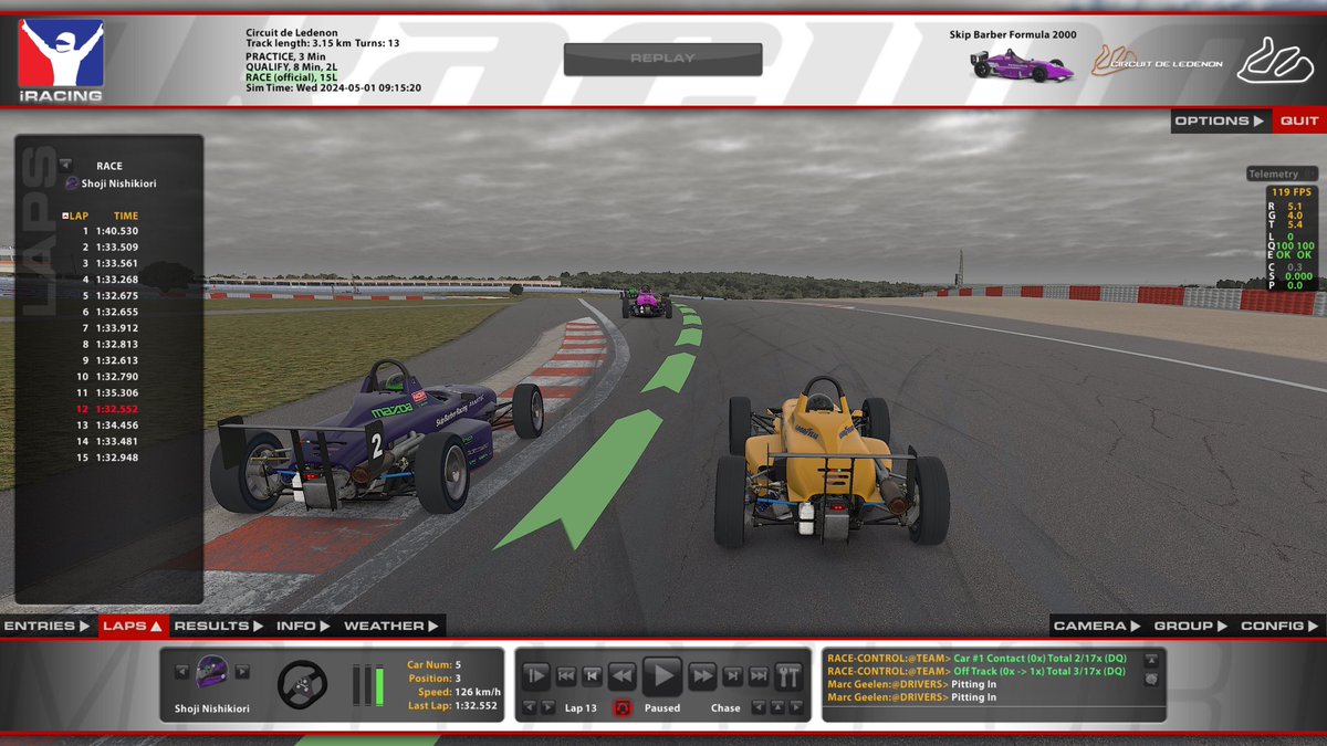 ShoN_iRacing's tweet photo. 私のiRacing日記　その271

Skip,Ledenon,#5/8,Q3→R5

午後から4戦めでやっと成立😅

格上の方達とのバトル、すごく良い経験になりました。
後ろから刺されるとビビって距離を空けてしまい、次のターンの進入ラインが厳しくなる、うーん反省😓

でも、このコースで沢山バトルできたのは素直に嬉しい😍 https://t.co/nk8WZV7R2z