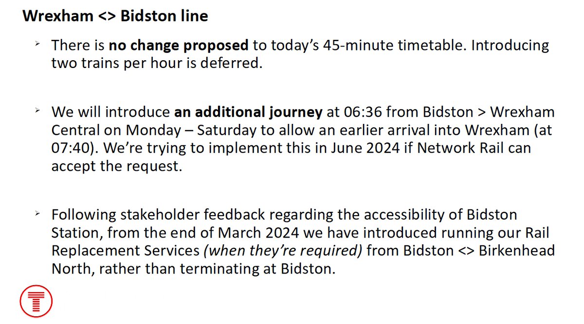 WBRailUA's tweet photo. TfW Timetable Review. @tfwrail aims to introduce an earlier departure from #Bidston and make alterations to rail replacement services. https://t.co/TRPfAGp7GX #BorderlandsLine https://t.co/0Z0T0eC2jE