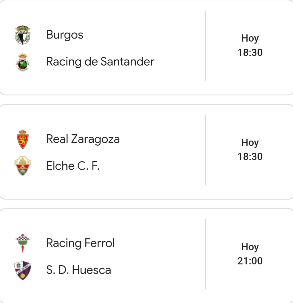 #LigaHypermotion
#RealOviedoMirandes (14:00)
#AndorraEibar (16:15)
#AlbaceteBPTenerife (16:15)
#BurgosCFRacing (18:30)
#RealZaragozaElche (18:30)
#RacingFerrolHuesca (21:00)