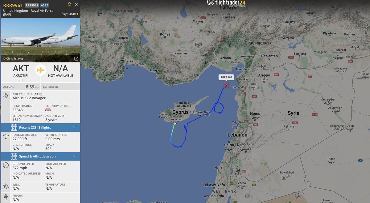 #RAF KC2 voyager seen on the flight radar heading out from over the east of the mediterranean sea, flight will likely be supporting fighters in the area, departure from RAF akrotiri cyprus. #RRR9961 #43C700