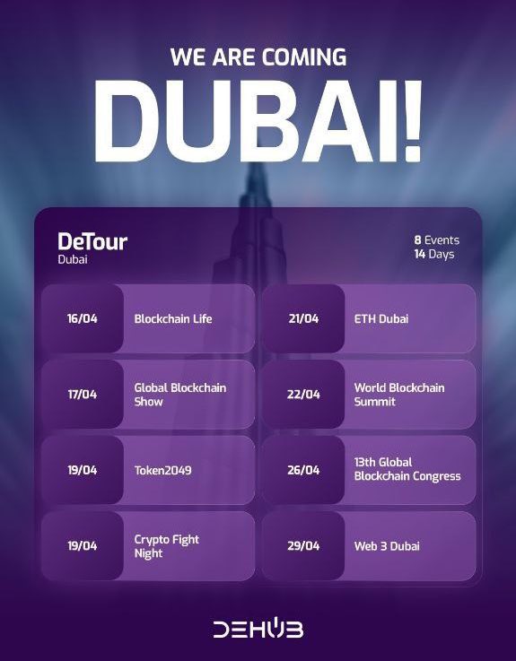 2 days till #DeTour ✈️ Catch us at these events below👇 With our very own booth at @web3dubai_io to showcase our app ecosystem 💻