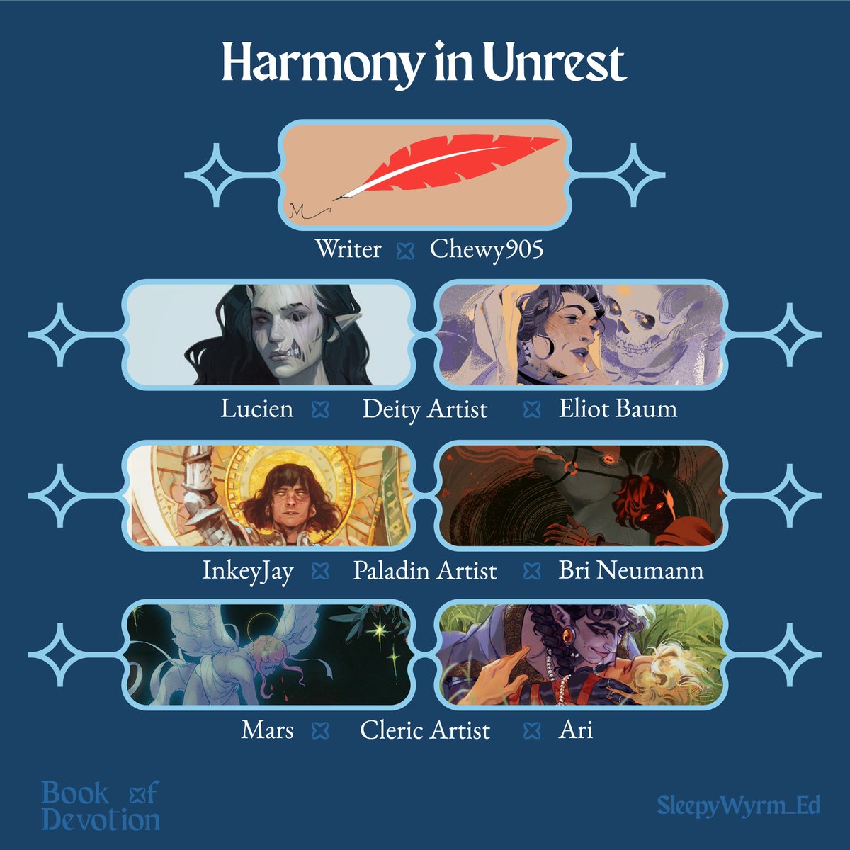 SleepyWyrm_Ed's tweet photo. Our deities are far from done! Here they bring the line-up for the Harmony in Unrest creative teams.

Find their handles in the next tweet! ✨ https://t.co/0dDXhACfts
