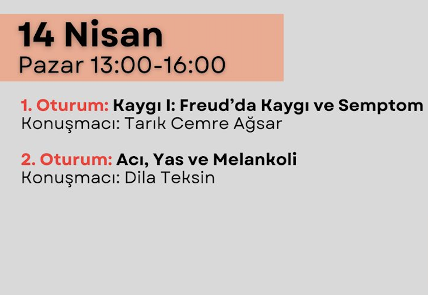 "Freud'a Dönüş" isimli seminer programımızın 14 Nisan tarihli oturumunda mensuplarımızdan sayın <a href="/tarikcemre/">Tarık Cemre</a> ve Dila Teksin sunumlarını gerçekleştirecekler. 

Tarık Cemre Ağsar: "Kaygı I: Freud'dsa Kaygı ve Semptom"
Dila Teksin: "Acı, Yas ve Melankoli"