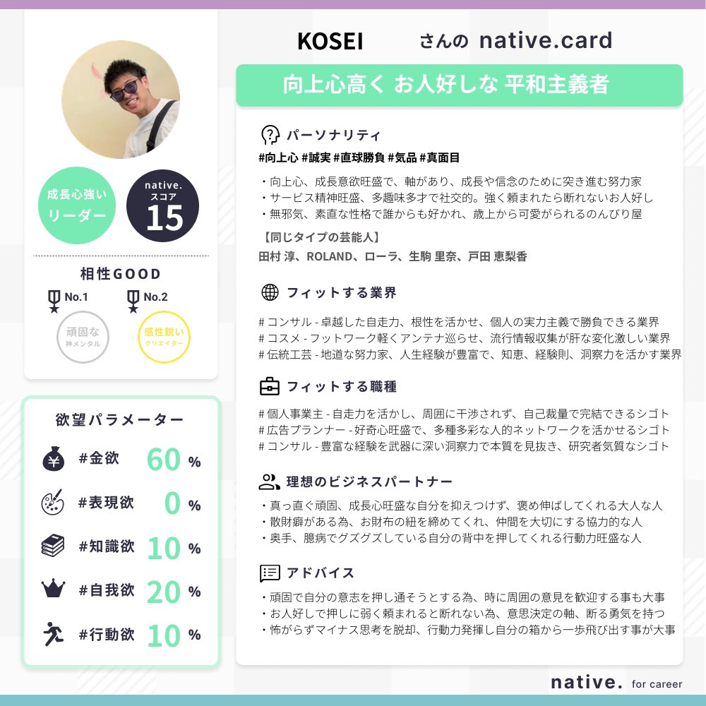 kousei_f27's tweet photo. #nativecard やってみたけど、案外合ってるかも。
なぜLINEで生年月日入力しだけでこれだけの情報が出てくるのか！？
@benative14 https://t.co/XWxE6ve85b