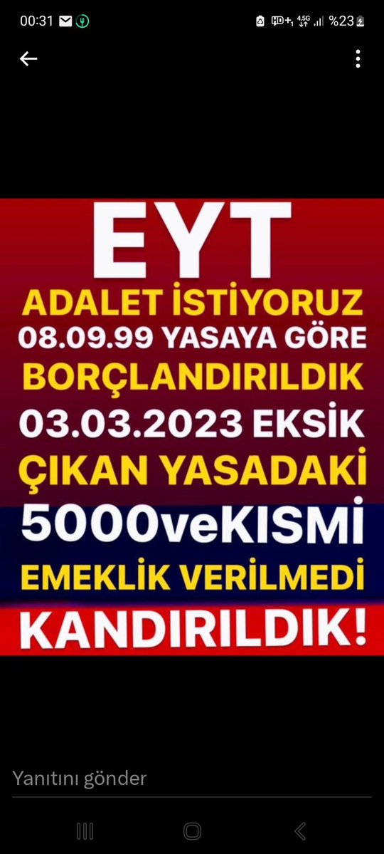 NesrinP9149369's tweet photo. Eyt Çözülmedi! 
5000 prim ve 3600 kısmi 50-55 yaş verilmedi. Magduriyet çoktur. Biran önce çözülmelidir. #Eyt5000VeKısmiHalaBekliyor  #5000veKısmiÇözümBekliyor
@RTErdogan @isikhanvedat @vedatbilgn @dbdevletbahceli https://t.co/3LAI3kknzz