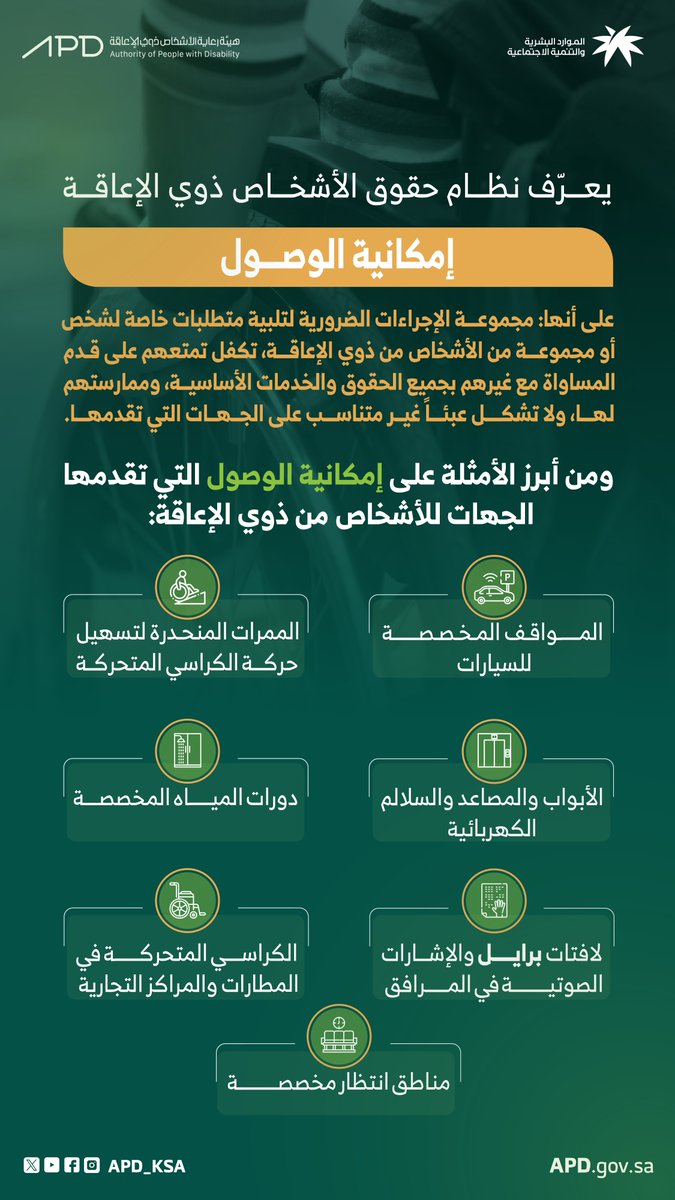إمكانية الوصول 
خطوة أساسية تقدمها المنشآت، تضمن للأشخاص ذوي الإعاقة تمتعهم بكافة الحقوق والخدمات في مجتمعاتهم لنحقق مفهوم #مجتمع_شامل_وموائم