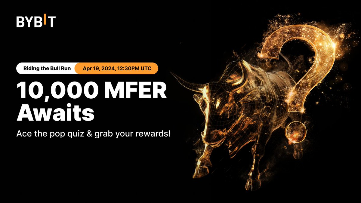 Bybit_Official's tweet photo. 🎉 Claim your slice of the 10,000 $MFER prize pool! 

Simply ace the quiz and be part of the 100 lucky winners 🔥

📆 Quiz happens from now till Apr 26, 2024, 2PM UTC

Learn more: https://t.co/ahRIiQxKO4 https://t.co/jGsEdxM4Zl