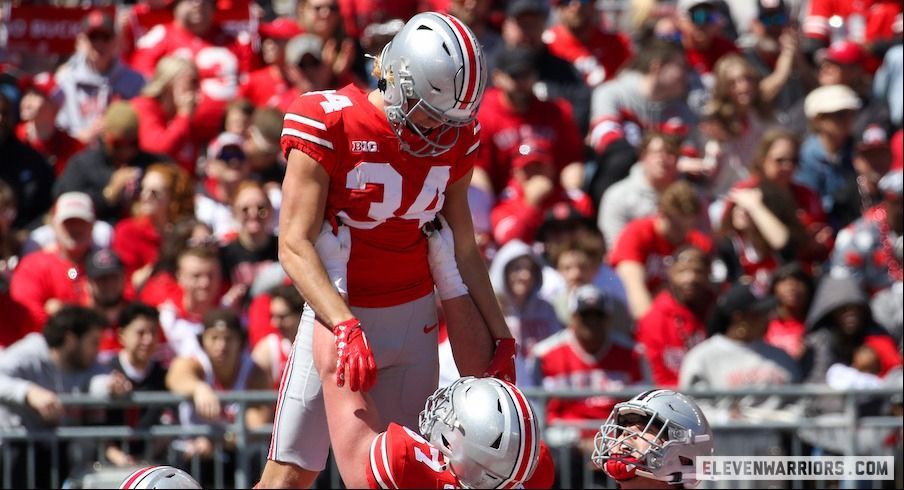 Ohio State’s spring game was highlighted by four touchdowns and four interceptions – all by backups – and a spectacular one-handed catch by Emeka Egbuka. 11w.rs/4cTpadk