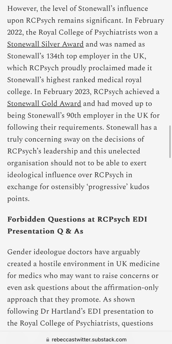 Here is an example of the gender activist capture of medical royal colleges - the capture of the Royal College of Psychiatrists by Stonewall (& GLADD) rebeccastwitter.substack.com/p/stonewall-an… @Glinner @jo_bartosch @Jebadoo2 @HeadWarriorTWM @MForstater @CanSG_org