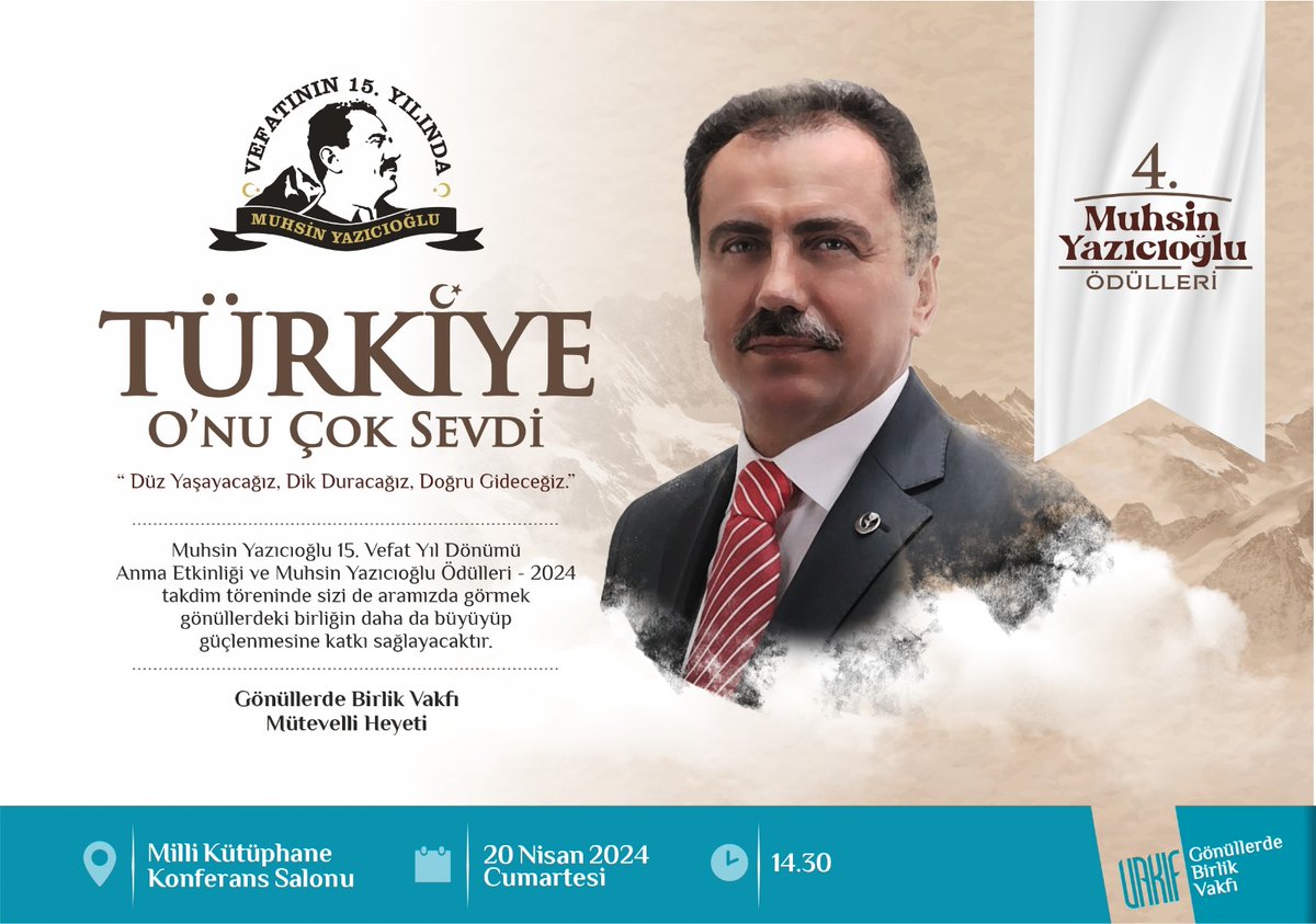 4.Muhin Yazıcıoğlu Ödülleri Takdim Töreni 20 Nisan/ Cumartesi Günü, Saat 14 30 da Milli kütüphane Konferans Salonun'da gerçekleşecektir.Tüm gönüldaşlarımız davetlidir.