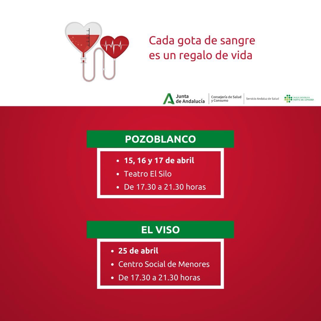 🩸COLECTAS DE SANGRE Llegamos al ecuador de abril y queríamos compartir con vosotros las citas para donar sangre que tendremos en el Área Sanitaria Norte de Córdoba hasta la finalización del mes. ¿Tomáis nota? #ASNC