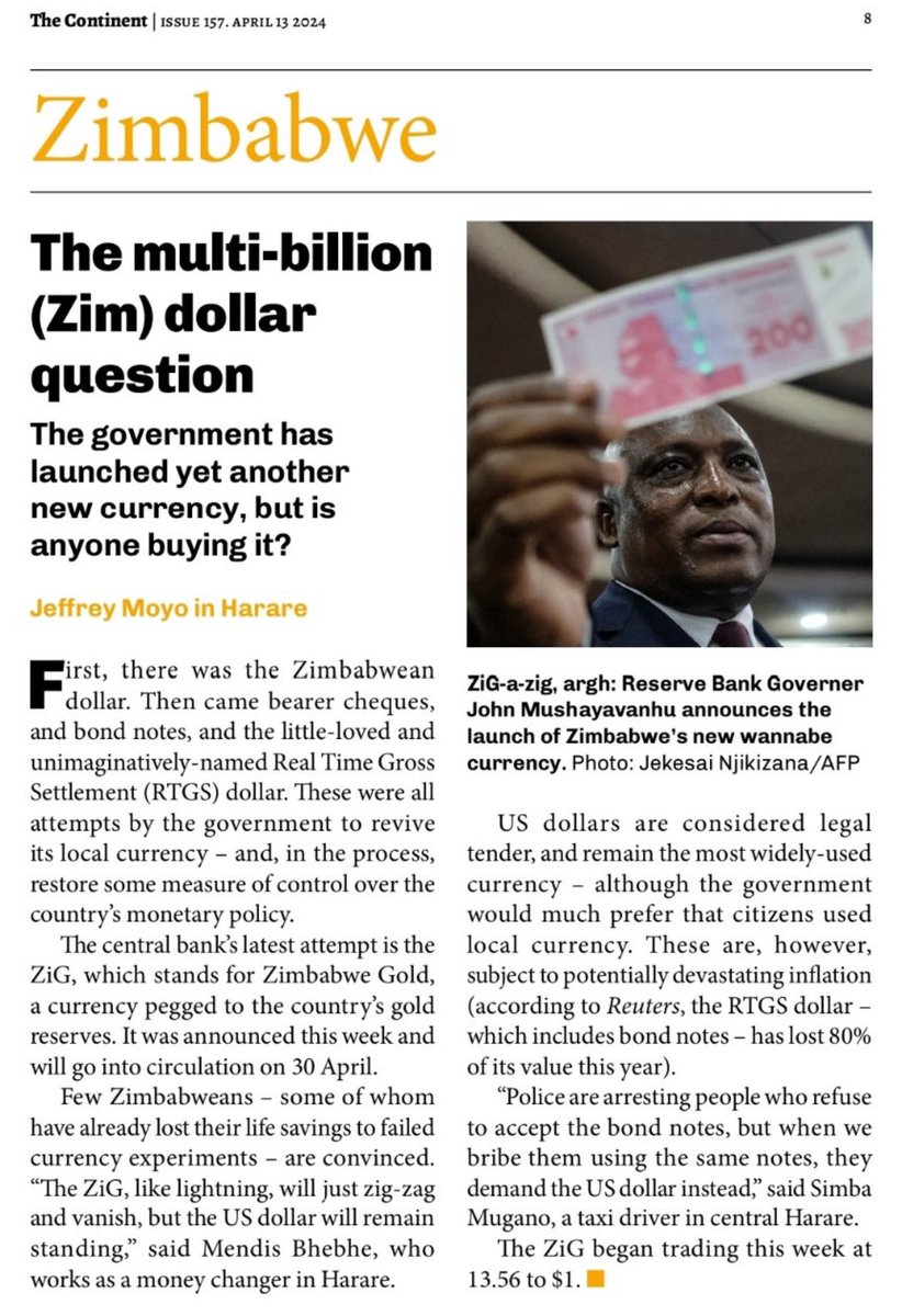 🟣According to this article in prominent international publication @thecontinent_, @moyojeffrey reports that a taxi driver said that, “Police are arresting people who refuse to accept the bond notes but when we bribe them using bond notes, they demand US dollars.” We need new…