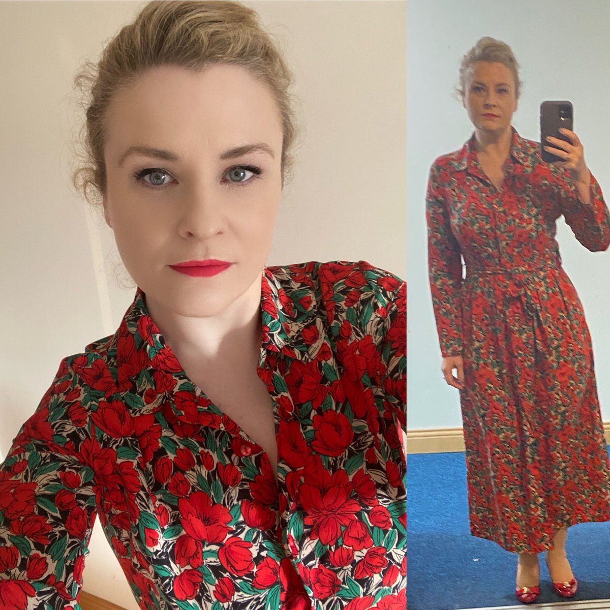 #sundaystyle in a red silk shirt dress with stunning #lisakay shoes, red lips and hair pinned back in a chignon #classic #vintage #redlips