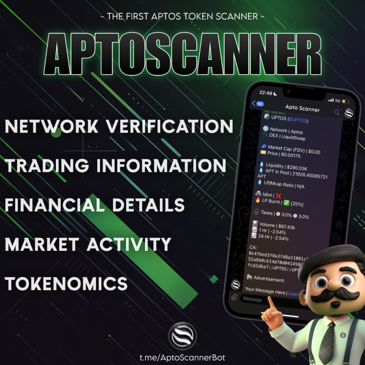 AptoTheMascot's tweet photo. Elevate your trading game with #AptoScanner, the first Telegram token scanner bot for the #Aptos Network! 🌐 

Gain unmatched insights, advertise, and be part of our pioneering community. 

Let's revolutionize $APT together, one scan at a time! $APTO  🔍

https://t.co/aapEPdXYAB https://t.co/2U6DS5Qjyy